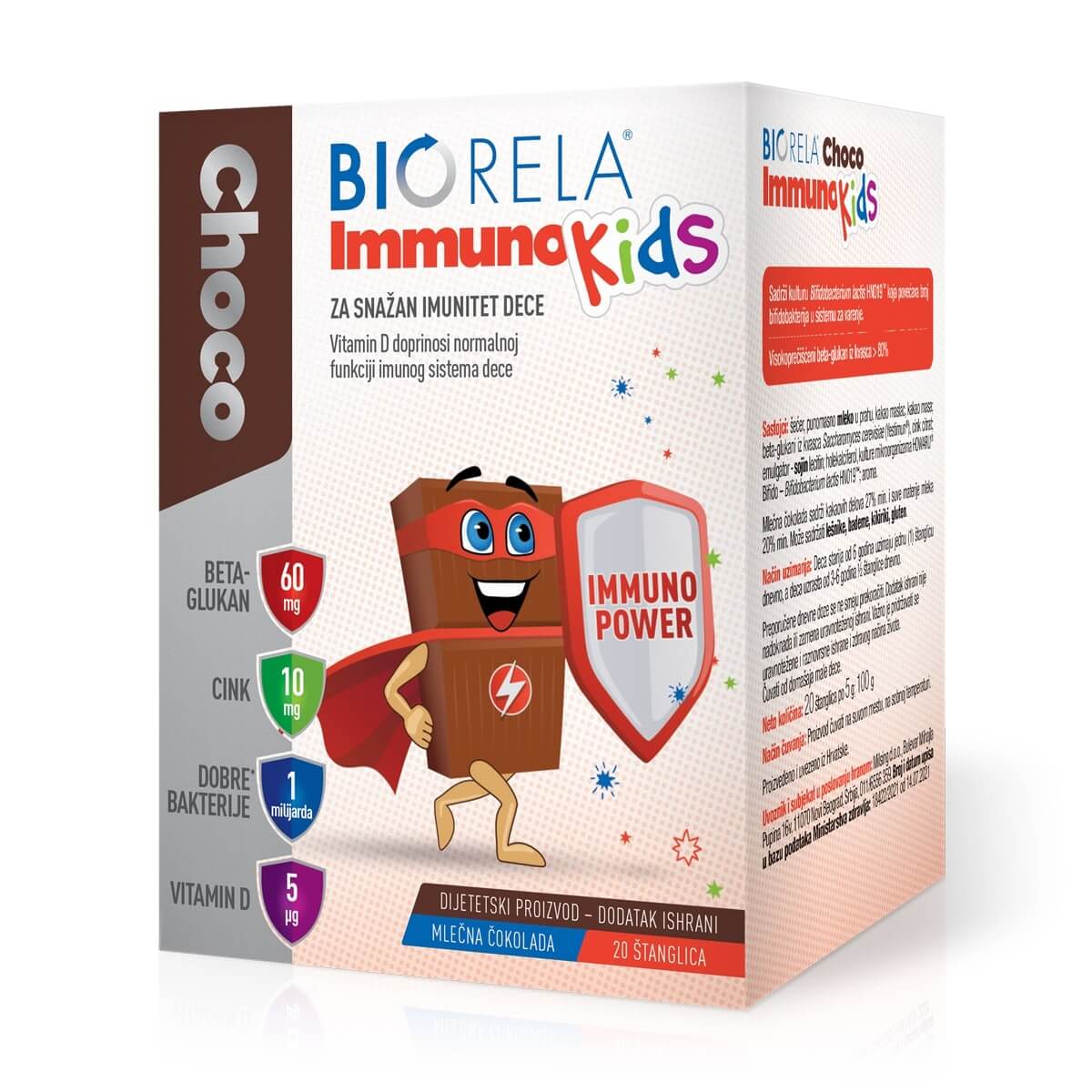 Biorela Immuno kids, 20 čokoladnih štanglica